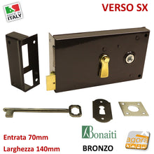 Carica l'immagine nel visualizzatore di Gallery, art 187 L140 E70 verso sx bonaiti con contropiastra e chiave finitura bronzata x portoncini o porte antiche o cantine