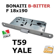 Load image into Gallery viewer, Serratura per porta a battente reversibile Bonaiti B-Bitter T59 eurocilindro cilindro Yale Frontale F 18x190mm Cromo Opaco Argento E50 I85 Entrata 5 cm Interasse 8,5cm
