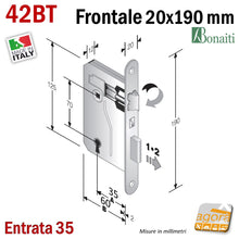 Load image into Gallery viewer, misure SERRATURA PORTA FRONTALE 20x190mm TONDO E35 I70 BONAITI 42T BRONZO PATENT PICCOLA