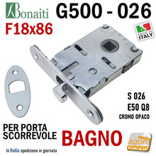 Carica l'immagine nel visualizzatore di Gallery, SERRATURA A GANCIO PORTA SCORREVOLE FRONTALE 18x86mm BONAITI 026 G500 X BAGNO WC MONETA LIBERO-OCCUPATO CROMO OPACO Q8 E50