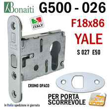 Carica l'immagine nel visualizzatore di Gallery, SERRATURA A GANCIO PORTA SCORREVOLE FRONTALE 18x86mm BONAITI 027 G500 X CILINDRO YALE CROMO OPACO E50