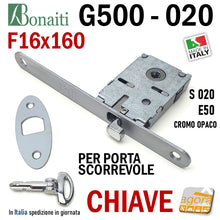 Load image into Gallery viewer, SERRATURA PORTA SCORREVOLE FRONTALE 16x160mm BONAITI 020 G500 CHIAVE PIEGHEVOLE CROMO OPACO E50 GANCIO SERRATURA A UNCINO PER SCRIGNO