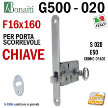 Load image into Gallery viewer, SERRATURA PORTA SCORREVOLE FRONTALE 16x160mm BONAITI 020 G500 CHIAVE PIEGHEVOLE CROMO OPACO E50 GANCIO SERRATURA A UNCINO PER SCRIGNO 4002005097 KIT COMPLETO