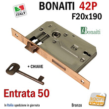 Carica l'immagine nel visualizzatore di Gallery, ricambio SERRATURA PORTA FRONTALE 20x190mm RETTANGOLARE E50 I70 BONAITI 42P BRONZO PATENT PICCOLA