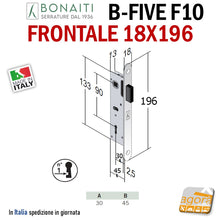 Load image into Gallery viewer, SERRATURA PER PORTE INTERNE CHIAVE NORMALE PATENT B FIVE BONAITI F10 FRONTALE 196X18MM ENTRATA 3CM INTERASSE 9CM 48F1013013