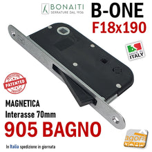 Carica l'immagine nel visualizzatore di Gallery, SERRATURA PORTA INTERNA MAGNETICA B-ONE BONAITI S905 BAGNO WC FRONTALE 18X190MM E50 INT70 CROMO SATINATO BAGNO WC TOILET DOPPIO QUADRO 6X6MM