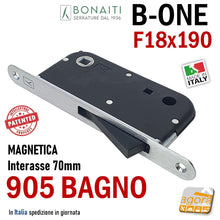 Carica l'immagine nel visualizzatore di Gallery, SERRATURA PORTA INTERNA MAGNETICA B-ONE BONAITI S 905 BAGNO WC FRONTALE 18X190MM E50 INT70 CROMO SATINATO 489050508E