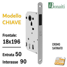 Carica l'immagine nel visualizzatore di Gallery, ricambi SERRATURA PORTA MAGNETICA B-TWIN BONAITI 350 CHIAVE PATENT FRONTALE 18X196MM E50 I90 CROMO SATINATO