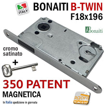 Carica l'immagine nel visualizzatore di Gallery, SERRATURA PORTA MAGNETICA B-TWIN BONAITI 350 CHIAVE PATENT FRONTALE 18X196MM E50 I90 CROMO SATINATO