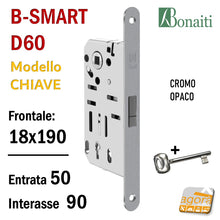 Carica l'immagine nel visualizzatore di Gallery, SERRATURA PORTA MAGNETICA B-SMART BONAITI D60 CHIAVE PATENT FRONTALE 18X190MM E50 I90 CROMO OPACO cromato 48D6015093