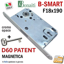 Carica l'immagine nel visualizzatore di Gallery, SERRATURA PORTA MAGNETICA B-SMART BONAITI D60 CHIAVE PATENT FRONTALE 18X190MM E50 I90 CROMO OPACO cromato argento