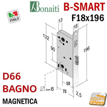 Carica l'immagine nel visualizzatore di Gallery, SERRATURA PORTA MAGNETICA B-SMART BONAITI D66 BAGNO FRONTALE 18X196MM E50 I90 CROMO OPACO interasse 90mm entrata 50mm scrocco centrale plastica 48D660509E