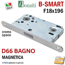 Carica l'immagine nel visualizzatore di Gallery, SERRATURA MAGNETICA PER PORTA BAGNO B-SMART BONAITI D66 WC MONETA FRONTALE 18 X 196 MM Entrata 50 mm Interasse 90 mm CROMO OPACO per toilette quadro 6mm bagni locali pubblici