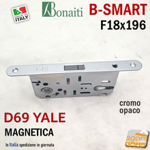 Carica l'immagine nel visualizzatore di Gallery, SERRATURA PORTA MAGNETICA B-SMART BONAITI D69 CILINDRO YALE FRONTALE 18X196MM E50 I85 CROMO OPACO 48D690509E