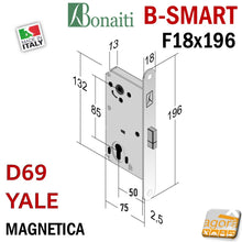 Carica l'immagine nel visualizzatore di Gallery, SERRATURA PORTA MAGNETICA B-SMART BONAITI D69 CILINDRO YALE FRONTALE F18X196MM Entrata 50 mm 5cm Interasse 85mm CROMO OPACO