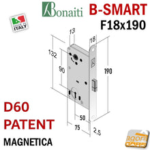 Carica l'immagine nel visualizzatore di Gallery, schema misure SERRATURA PORTA MAGNETICA B-SMART BONAITI D60 CHIAVE PATENT FRONTALE 18X190MM E50 I90