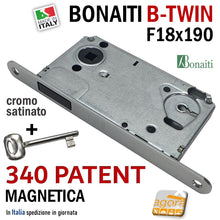 Carica l'immagine nel visualizzatore di Gallery, SERRATURA PORTA MAGNETICA B-TWIN BONAITI 340 CHIAVE PATENT FRONTALE 18X190MM E50 I90 CROMO SATINATO