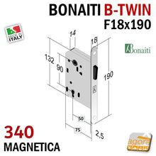 Carica l'immagine nel visualizzatore di Gallery, door lock SERRATURA PORTA MAGNETICA B-TWIN BONAITI 340 CHIAVE PATENT FRONTALE 18X190MM E50 I90 int 9cm entrata 5cm TWIN