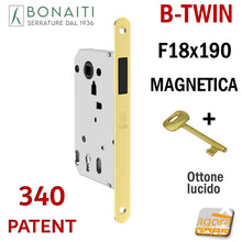 Carica l'immagine nel visualizzatore di Gallery, SERRATURA PORTA MAGNETICA B-TWIN BONAITI 340 CHIAVE PATENT FRONTALE 18X190MM E50 I90 ottone entrata 5 cm interasse 9 cm magnete scrocco nero in alto 483401501E 483401501