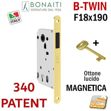 Carica l'immagine nel visualizzatore di Gallery, SERRATURA PORTA MAGNETICA B-TWIN BONAITI 340 CHIAVE PATENT FRONTALE 18X190MM E50 I90 ottone entrata 5 cm interasse 9 cm magnete scrocco nero in alto