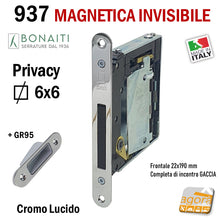 Carica l'immagine nel visualizzatore di Gallery, SERRATURA PER PORTA B NO-HA MINI 937 BONAITI Versione Privacy con Quadro 6mm F22X190 GR95 CROMO lucido E28 completa di Gaccia CROMATA