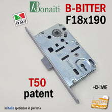 Carica l'immagine nel visualizzatore di Gallery, SERRATURA PORTA PATENT FRONTALE F 18x190 mm IDOOR - BONAITI B-BITTER T50 ARGENTO CR OPACO ENTRATA E 50 mm Interasse I 90 mm satinata 48T501509E
