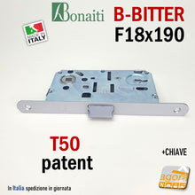 Carica l'immagine nel visualizzatore di Gallery, SERRATURA PORTA PATENT FRONTALE F 18x190 mm IDOOR - BONAITI B-BITTER T50 ARGENTO CR OPACO ENTRATA E 50 mm Interasse I 90 mm Originale