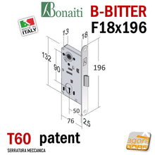Carica l'immagine nel visualizzatore di Gallery, SERRATURA PORTA PATENT FRONTALE 18x196mm BONAITI B-BITTER T60 ARGENTO CROMO OPACO entrata E 50 mm Interasse I 90 mm 48T6015093 IDOOR schema tecnico misure
