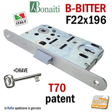Carica l'immagine nel visualizzatore di Gallery, SERRATURA PORTA PATENT FRONTALE 22x196mm BONAITI B-BITTER T70 ARGENTO CROMO CHIAVE frontale 196x22mm cm 19,6x2,2 cromata argento satinata