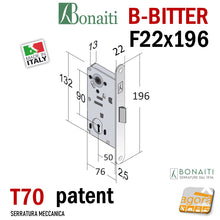 Carica l'immagine nel visualizzatore di Gallery, SERRATURA PORTA PATENT FRONTALE 22x196mm BONAITI B-BITTER T70 ARGENTO CROMO CHIAVE scrocco centrale linguetta in mezzo