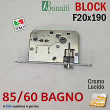 Carica l'immagine nel visualizzatore di Gallery, SERRATURA PORTA BONAITI BLOCK 85 /60 WC BAGNO FRONTALE 20X190MM E50 I70 CROMO LUCIDO MECCANICA