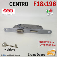 Carica l'immagine nel visualizzatore di Gallery, SERRATURA PORTA PATENT FRONTALE 18x196mm AGB CENTRO E50 INTERASSE 90 MECCANICA CHIAVE entrata 5cm interasse 9cm con linguetta 3cm