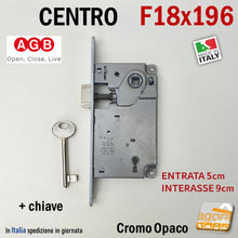 Carica l'immagine nel visualizzatore di Gallery, SERRATURA PORTA PATENT FRONTALE 18x196mm AGB CENTRO E50 INTERASSE 90 MECCANICA CHIAVE entrata 5cm interasse 9cm con linguetta 3cm centro originale