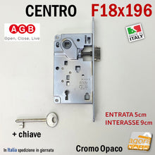 Carica l'immagine nel visualizzatore di Gallery, SERRATURA PORTA PATENT FRONTALE 18x196mm AGB CENTRO E50 INTERASSE 90 MECCANICA CHIAVE entrata 5cm interasse 9cm con linguetta 3cm con chiave
