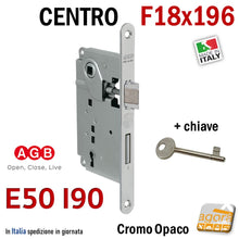 Carica l'immagine nel visualizzatore di Gallery, serratura porta interna agb centro patent piccola frontale 196x18mm chiave 11 argento meccanica catenaccio e scrocco tutta in metallo 0 001 9690 serrature ricambio porte interne