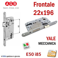 Carica l'immagine nel visualizzatore di Gallery, SERRATURA PORTA YALE FRONTALE 22x196mm AGB CENTRO CROMO OP E50 I85 entrata 5cm interasse 8,5cm 85mm cromo opaco 0 001 9808 F196x22 ricambio solo serratura