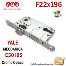 Carica l'immagine nel visualizzatore di Gallery, SERRATURA PORTA YALE FRONTALE 22x196mm AGB CENTRO CROMO OP E50 I85 entrata 5cm interasse 8,5cm 85mm cromo opaco 0 001 9808 F196x22 pronta consegna nuova