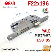 Carica l'immagine nel visualizzatore di Gallery, SERRATURA PORTA YALE FRONTALE 22x196mm AGB CENTRO CROMO OP E50 I85 entrata 5cm interasse 8,5cm 85mm cromata 0 001 9808 F196x22 schema