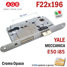 Carica l'immagine nel visualizzatore di Gallery, SERRATURA PORTA YALE FRONTALE 22x196mm AGB CENTRO CROMO OP E50 I85 entrata 5cm interasse 8,5cm 85mm cromo opaco 0 001 9808 F196x22