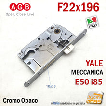 Carica l'immagine nel visualizzatore di Gallery, SERRATURA PORTA YALE FRONTALE 22x196mm AGB CENTRO CROMO OP E50 I85 entrata 5cm interasse 8,5cm 85mm cromo opaco 0 001 9808 F196x22 sostituzione