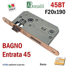 Carica l'immagine nel visualizzatore di Gallery, SERRATURA PORTA FRONTALE 20x190mm TONDO E45 I70 BONAITI 45T BRONZO BAGNO PICCOLA WC DOPPIO QUADRO