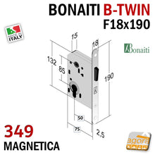 Load image into Gallery viewer, SERRATURA PORTA MAGNETICA B-TWIN BONAITI 349 CILINDRO YALE FRONTALE 18X190MM E50 I85 CROMO SATINATO Door Lock