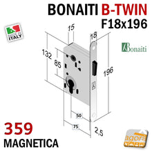 Load image into Gallery viewer, SERRATURA PORTA MAGNETICA B-TWIN BONAITI 359 CILINDRO YALE F18X196MM E50 I85 CROMO SAT