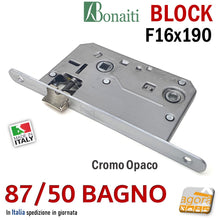 Carica l'immagine nel visualizzatore di Gallery, SERRATURA PORTA BONAITI BLOCK 87 -50 WC BAGNO FRONTALE 16X190MM E50 I70 CROMO OPACO MECCANICA 480870509