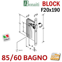 Carica l'immagine nel visualizzatore di Gallery, SERRATURA PORTA BONAITI BLOCK 85 /60 WC BAGNO FRONTALE 20X190MM E60 I70 CROMO SATINATO MECCANICA