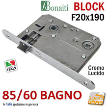 Carica l'immagine nel visualizzatore di Gallery, SERRATURA PORTA BONAITI BLOCK 85 /60 WC BAGNO FRONTALE 20X190MM E50 I70 CROMO LUCIDO MECCANICA