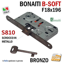 Carica l'immagine nel visualizzatore di Gallery, serratura porta bonaiti scrocco centrale in metallo bronzo bronzata frontale 18x196 chiave b-soft e50 i90 s810