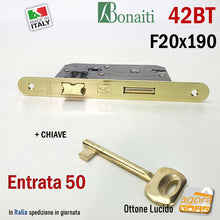 Carica l'immagine nel visualizzatore di Gallery, SERRATURA PORTA FRONTALE 20x190mm TONDO E50 I70 BONAITI 42T OTTONE PATENT PICCOLA con CHIAVE