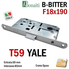 Load image into Gallery viewer, Lock for reversible swing door Bonaiti B-Bitter T59 eurocylinder Yale cylinder Frontal F 18x190mm Chrome Matt Silver Entry 50mm E5cm Center distance 85mm ready for delivery