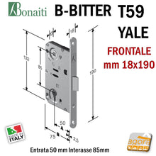 Load image into Gallery viewer, Serratura per porta a battente reversibile Bonaiti B-Bitter T59 eurocilindro cilindro Yale Frontale F 18x190mm Cromo Opaco Argento Entrata 50mm E5cm Interasse 85mm Schema tecnico Misure quote